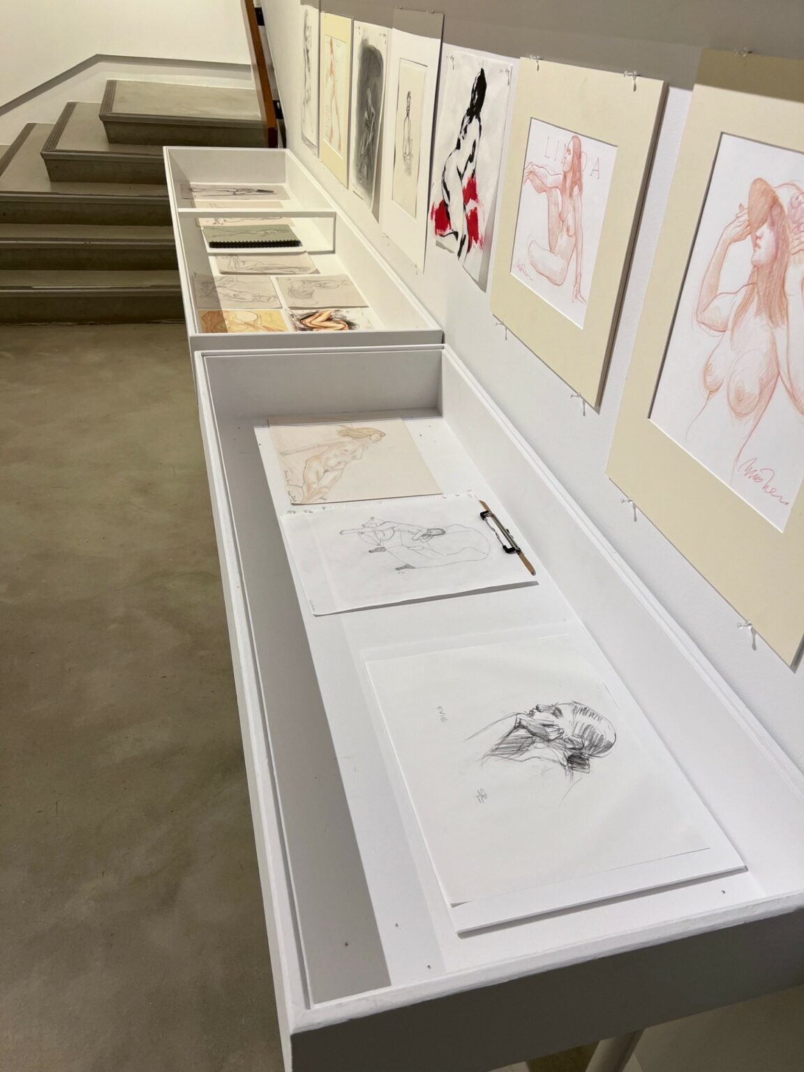 display case of drawings