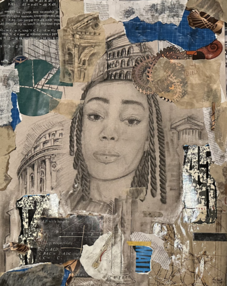 collage artwork with young female face in centre and various components of other images surrounding her