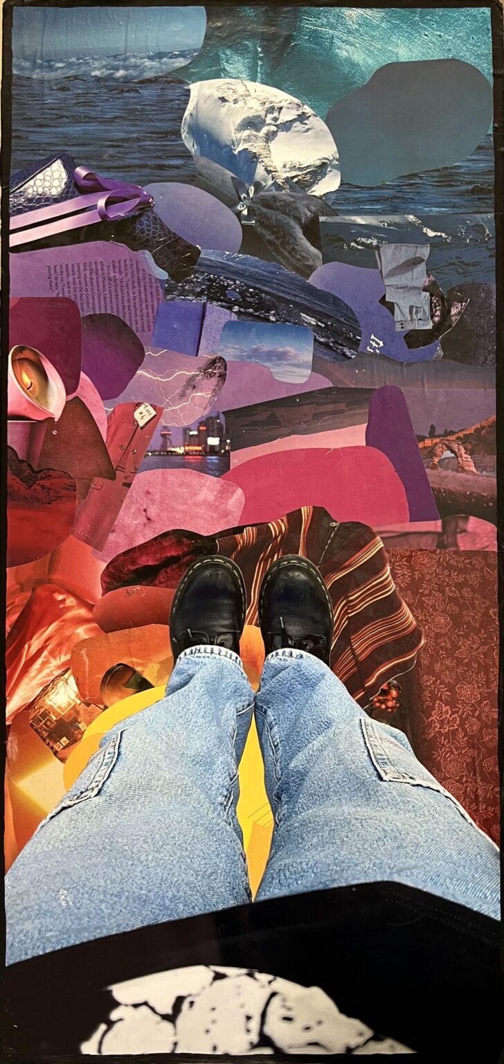 bright coloured collage featuring view of legs wearing jeans with black shoes